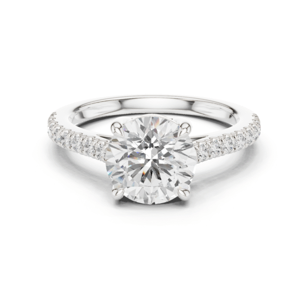 A brilliant lab-grown solitaire ring with a dazzling diamond-studded shank. Elegant, ethical, and crafted for everlasting love.