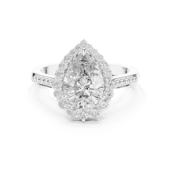 Pear shape lab grown diamond halo engagement ring in 18K white gold