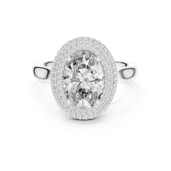 Luxury oval solitaire pavé halo lab grown diamond engagement ring in 18K gold