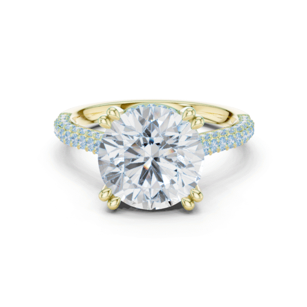 Solitaire round pave lab grown diamond engagement ring front view in 18K gold
