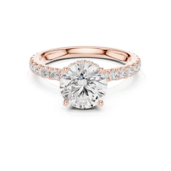 Luxury solitaire round double secret halo lab-grown diamond ring in 18K gold.